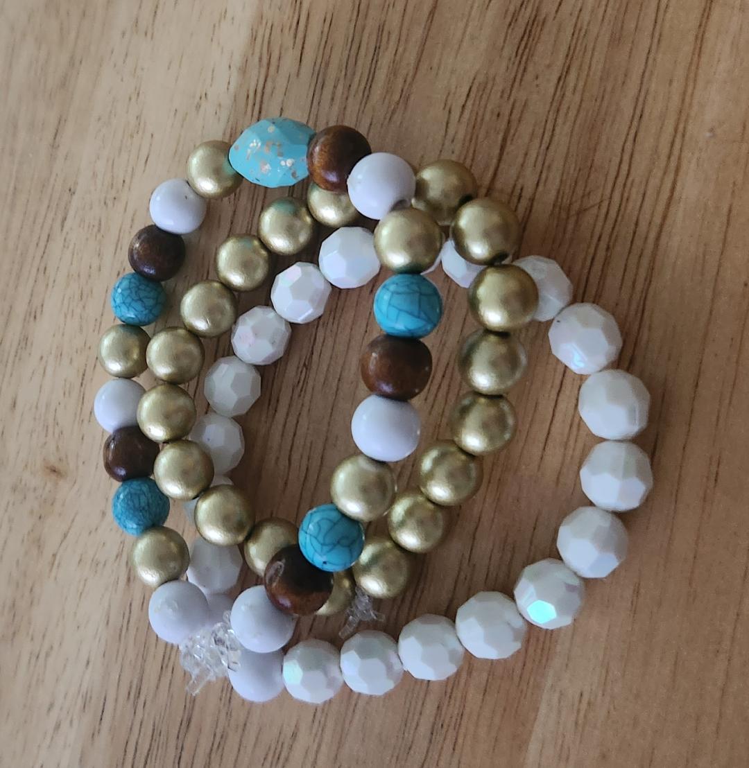 Gold, white, multi-color with turquoise beaded bracelets - Attitudes and Gratitudes